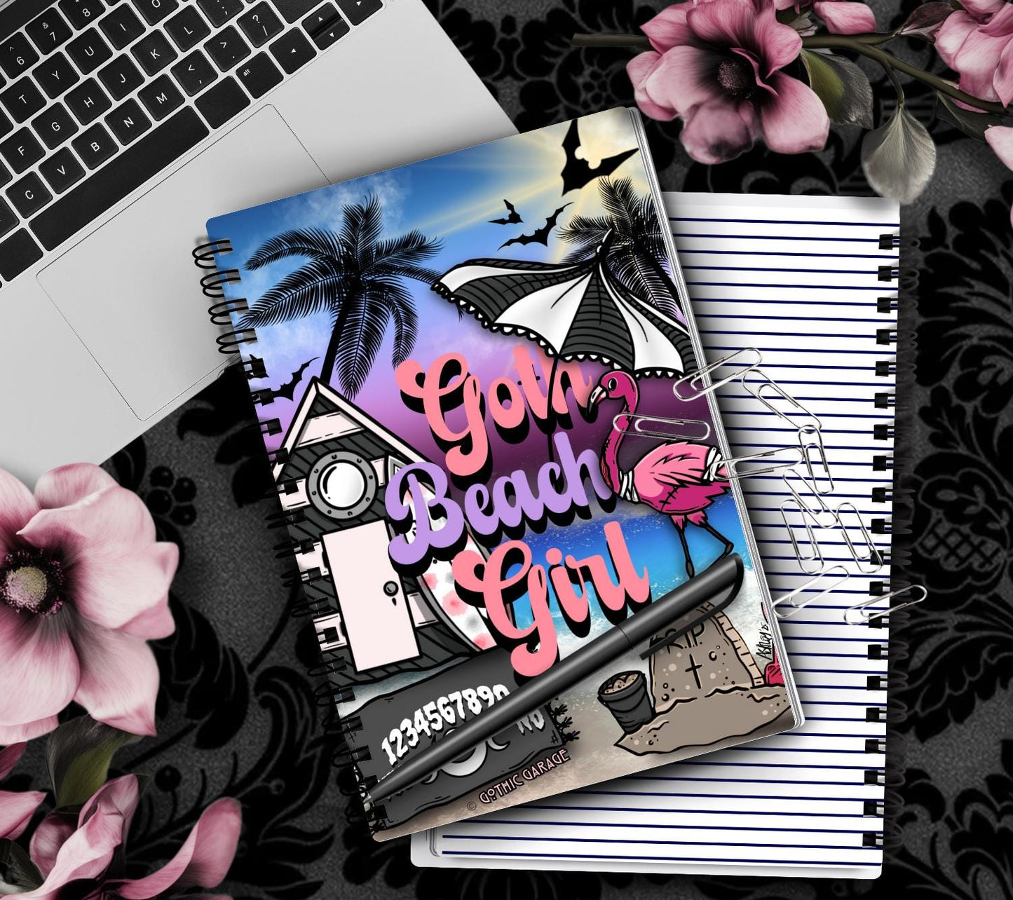 Goth Beach Girl Notebook – Alt Spiral Journal with Flamingo & Graveyard, Lined Pages