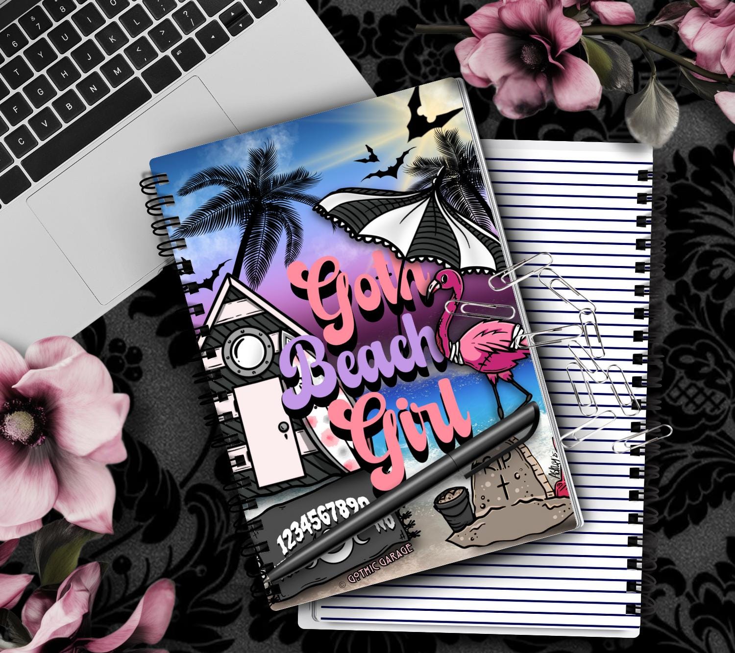 Goth Beach Girl Notebook – Alt Spiral Journal with Flamingo & Graveyard, Lined Pages