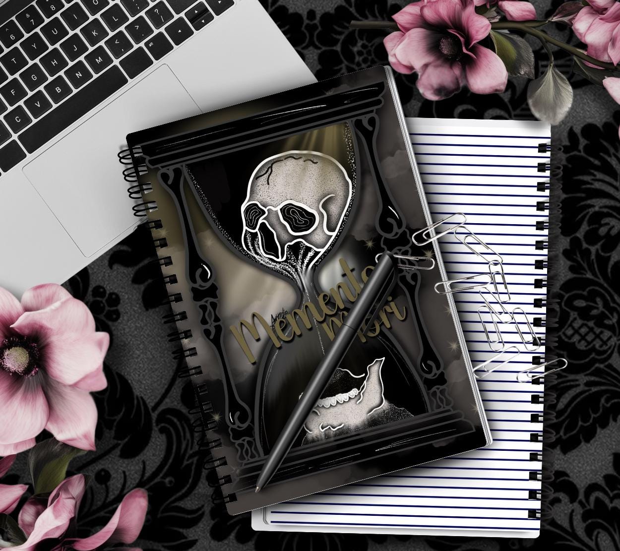 Memento Mori Notebook - Hand Drawn Gothic Skull Hourglass Detail – 160 Lined Pages for Daily Tasks, Notes, and Personal Writing