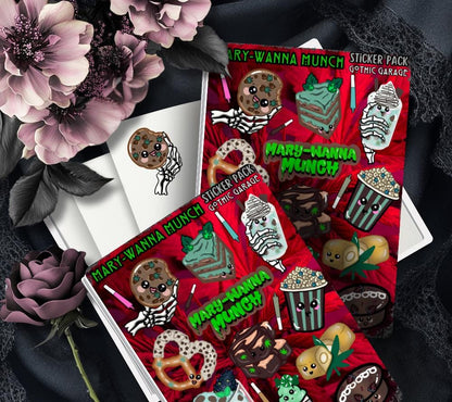 Marijuana Munch Sticker Sheet – Kawaii Edibles with a Gothic Twist