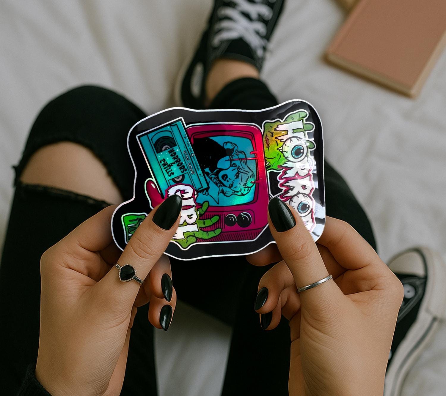 Retro Horror Girl Waterproof Sticker – Vintage Gothic TV Design