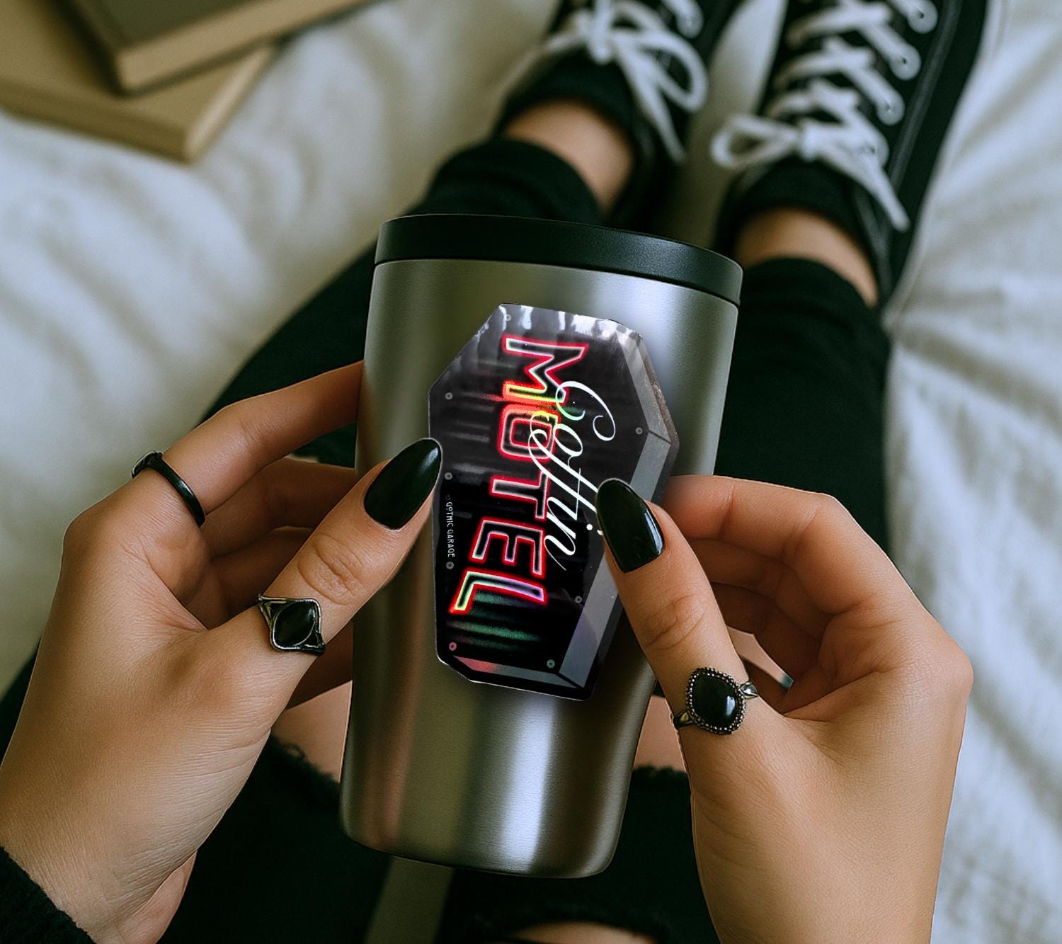 Neon Red Coffin Motel Sticker: Gothic Waterproof Die Cut