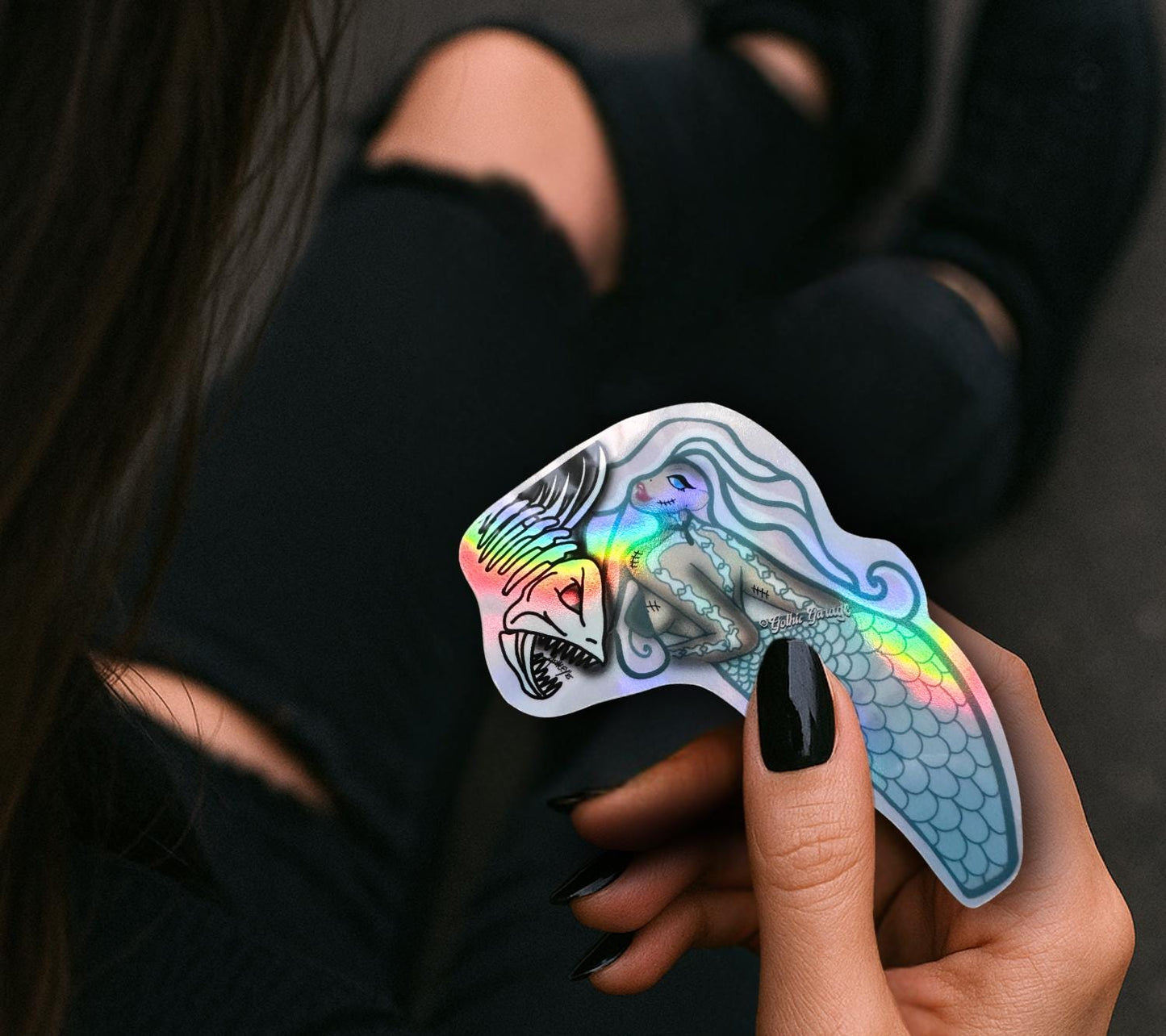 Undead Piranha Mermaid Sticker: Gothic Waterproof Die Cut