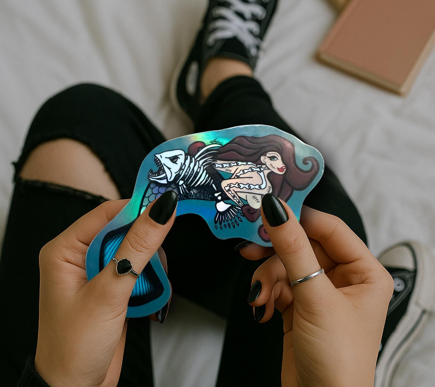 Gothic Nude Mermaid Die Cut Waterproof Sticker—Dive deep into haunting waters with this mesmerizing dark fantasy sticker!