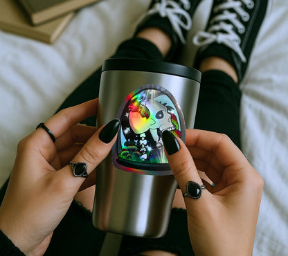 Gothic Skull Terrarium Sticker: Waterproof Oddities Art, Glossy or Holographic