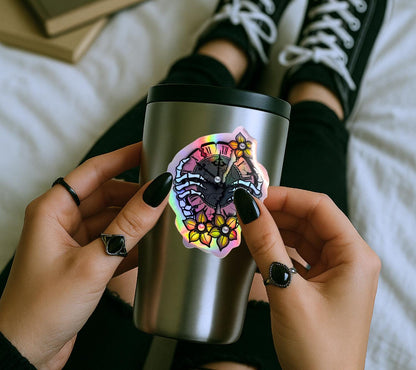 Broken Skeleton Clock Die Cut Waterproof Sticker—Timeless beauty with a gothic twist!
