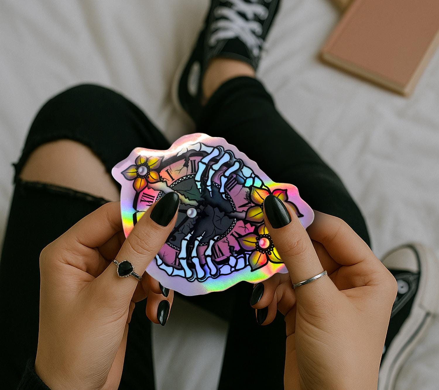 Broken Skeleton Clock Die Cut Waterproof Sticker—Timeless beauty with a gothic twist!