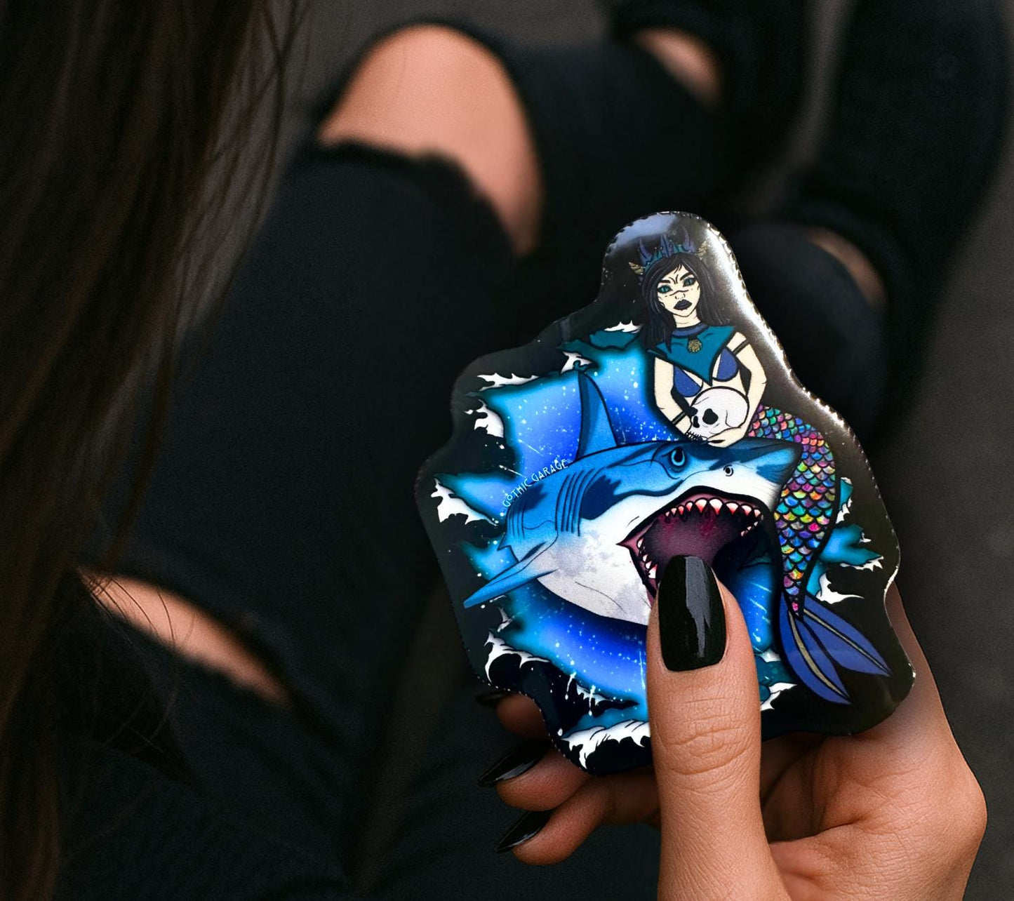 Gothic Siren & Shark Sticker: Waterproof Horror Decal