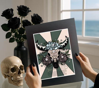 Gothic Cow Skull Floral Wall Art – Western Skull Print with Pearls & Roses, Various Hanging Options Available