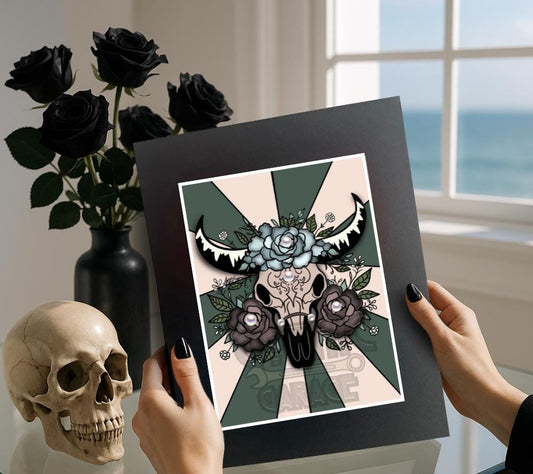 Gothic Cow Skull Floral Wall Art – Western Skull Print with Pearls & Roses, Various Hanging Options Available