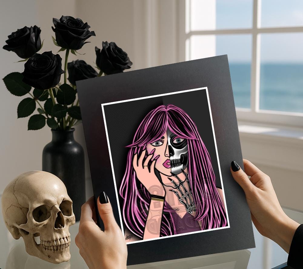 Pop Art Femme Fatale – Two-Faced Gothic Beauty & Skeleton Print, 11x14 Matted Goth and Beach Decor