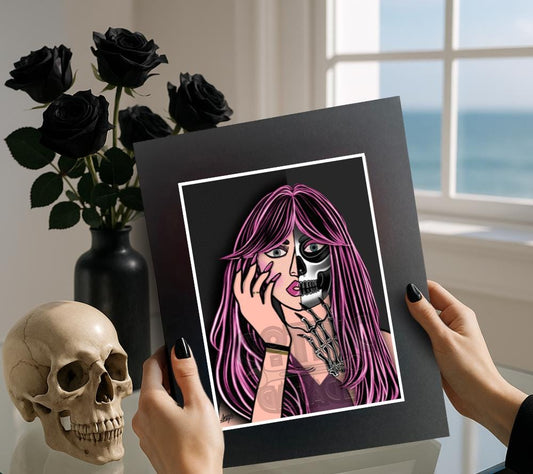 Pop Art Femme Fatale – Two-Faced Gothic Beauty & Skeleton Print, 11x14 Matted Goth and Beach Decor
