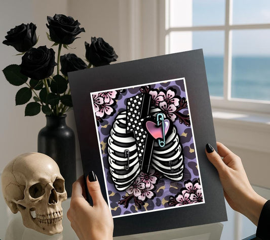 Punk Skeleton Rib Cage & Cherry Blossoms- 11x14 Matted Art Print, Gothic and Alternative Wall Decor