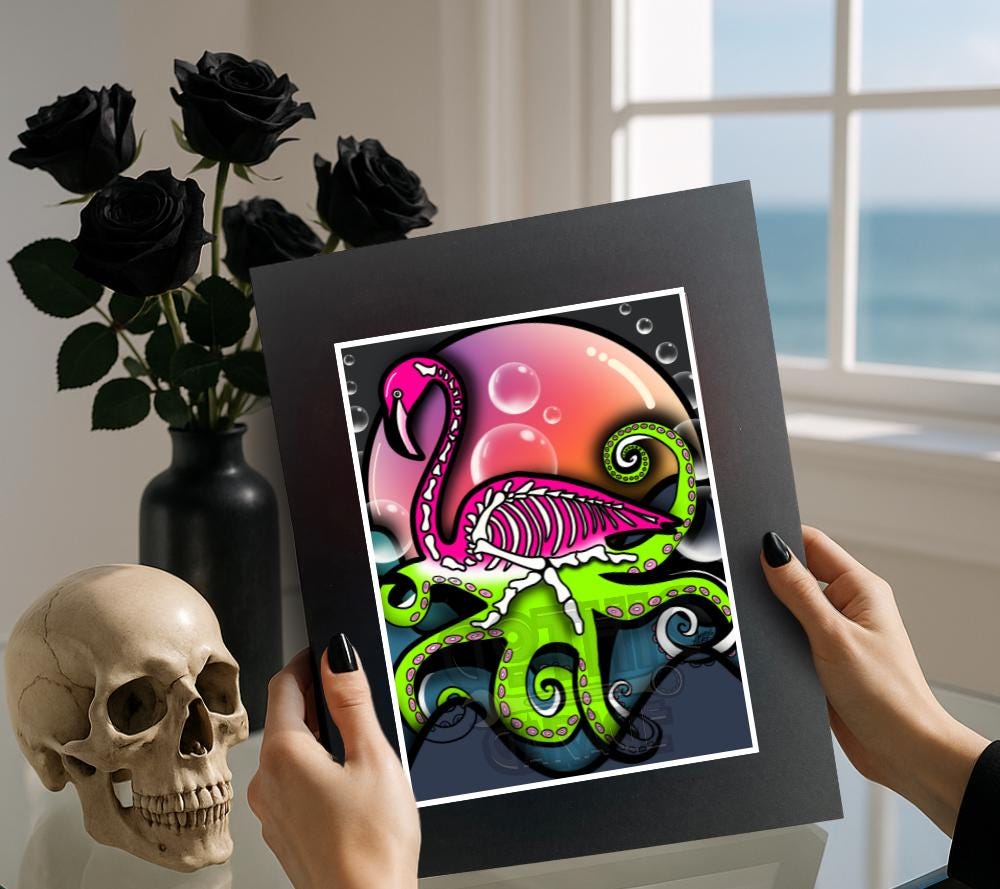 Flamingo Skeleton Octopus Art Print – Neon Gothic Coastal Wall Decor, 8x6 or 11x14