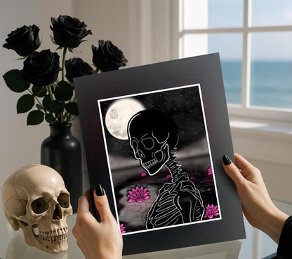 Moonlight Skeleton Lotus Art Print – Gothic Harmony Wall Decor, 8×6 or 11×14 Matted