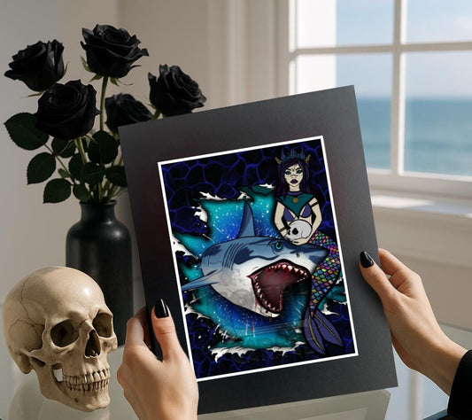 Shark & Siren Art Print – Dark Gothic Ocean Horror, Spooky Coastal Art, 11x14 Matted or Frameable 8x10 Design