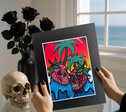 Florida Strawberry Skulls Art Print – Gothic Fruit Skulls, 8×6 or 11×14 Matted, Signed by Artist