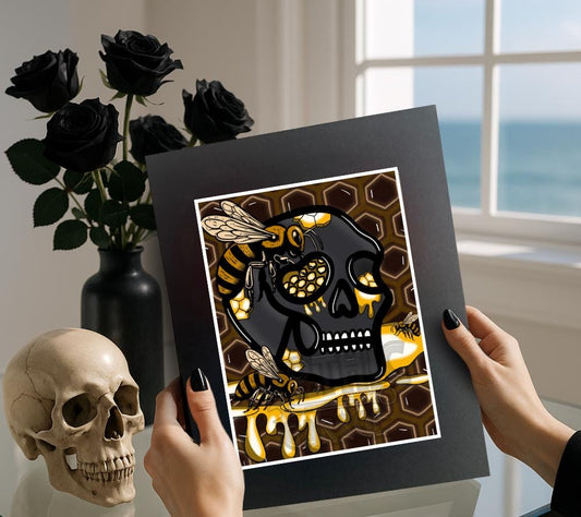 Gothic Skull Honey Hive Art Print – Bees, Nectar & Darkly Sweet Vibes – 11x14 Matted Artwork for Gothic Home Decor