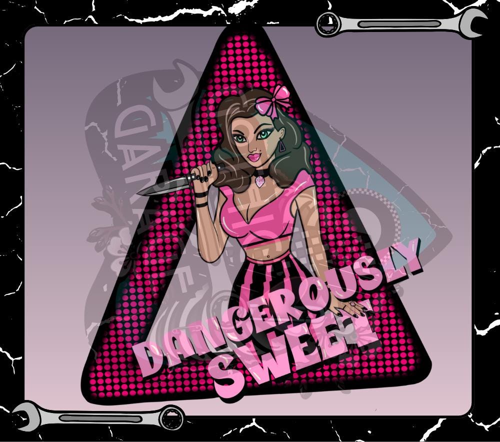 Dangerously Sweet PNG – Gothic Pin-Up Knife Girl Sublimation T-Shirt Design, Pink Retro Horror Clipart for Apparel, Digital Download
