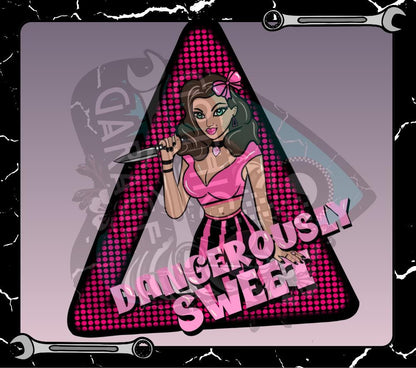 Dangerously Sweet PNG – Gothic Pin-Up Knife Girl Sublimation T-Shirt Design, Pink Retro Horror Clipart for Apparel, Digital Download