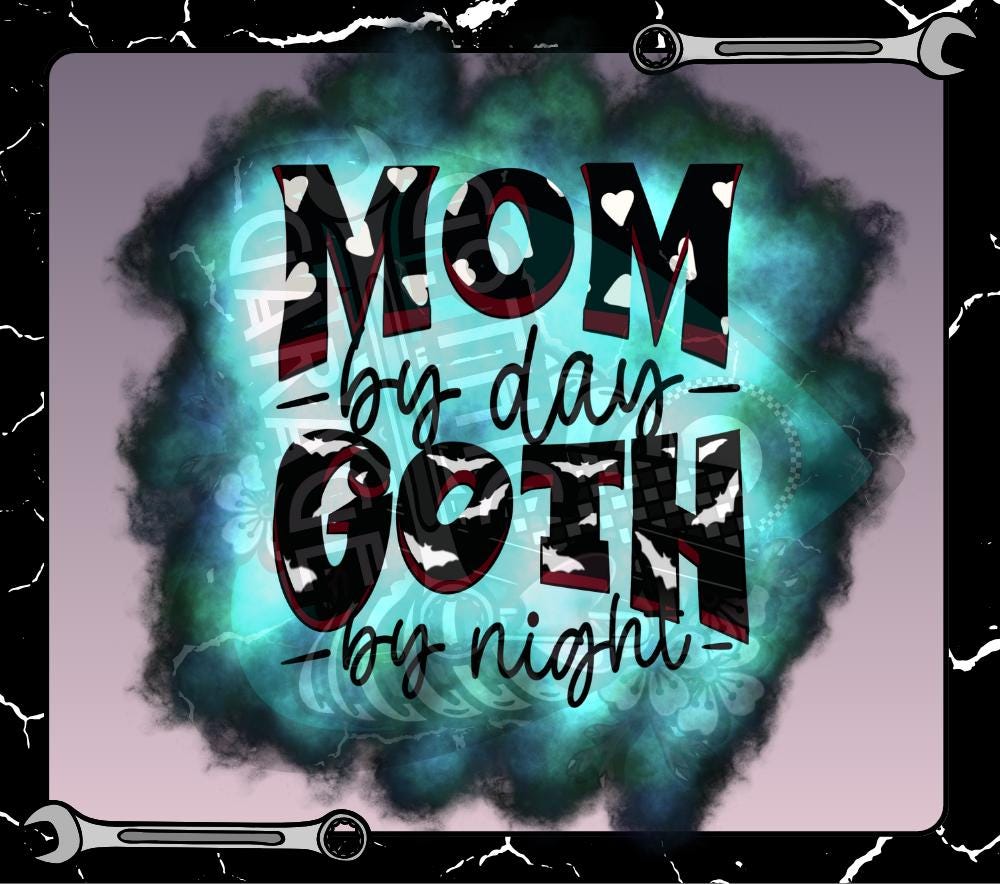 Mom by Day Goth by Night PNG – Funny Gothic Sublimation Design for T-Shirts, Bat & Heart Goth Mom Digital Download for Apparel