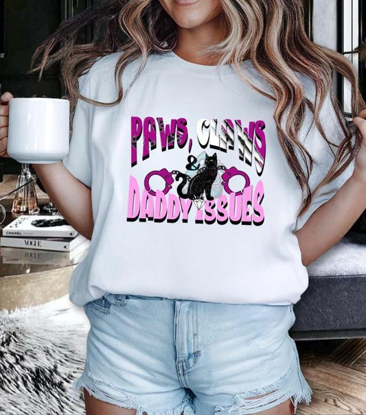 Paws Claws & Daddy Issues PNG – Funny Alt Cat Girl Sublimation Design, Pink Goth Kitty Handcuff T-Shirt Graphic, Digital Download