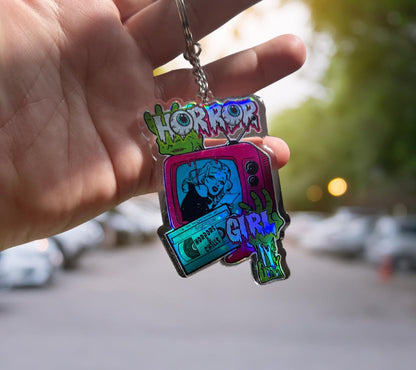 Horror Girl Keychain – Holographic Resin Acrylic Key Ring for Spooky Bags & Horror Fans