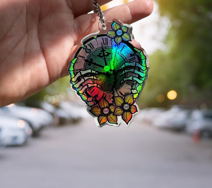 Skeleton Clock Keychain – Holographic Resin Key Ring with Gothic Flowers & Skull Hands