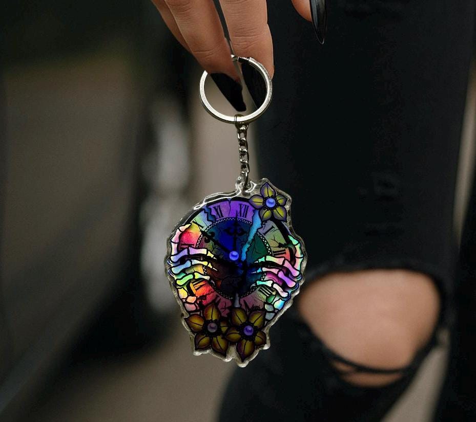 Skeleton Clock Keychain – Holographic Resin Key Ring with Gothic Flowers & Skull Hands