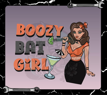 Boozy Bat Girl PNG – Retro Halloween T-Shirt Art, Cocktail Goth Sublimation Design, Digital Download File