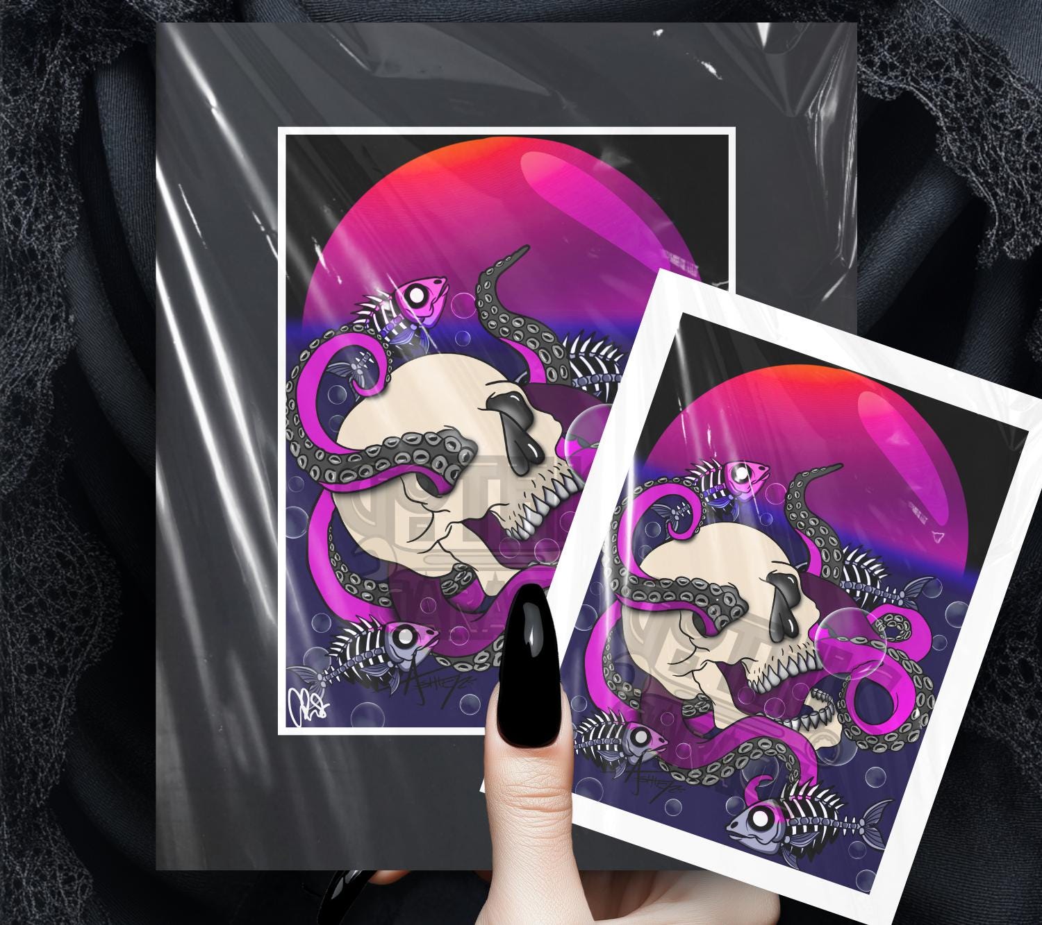 Neon Skull Octopus Art Print – Gothic Deep Sea Horror Wall Art with Tentacles & Skeleton Fish