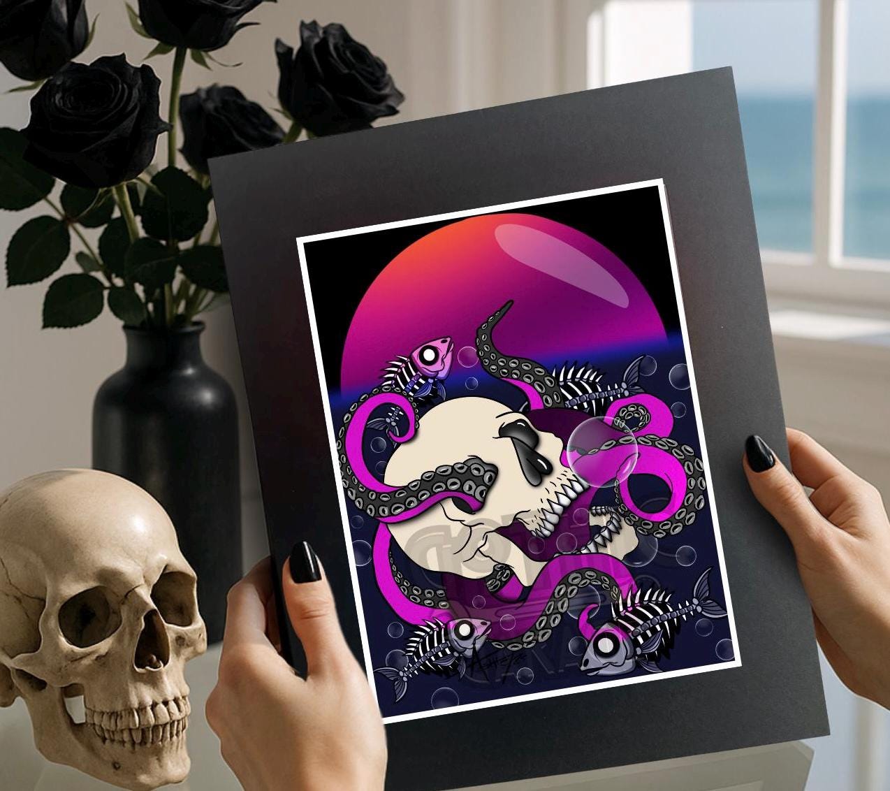 Neon Skull Octopus Art Print – Gothic Deep Sea Horror Wall Art with Tentacles & Skeleton Fish