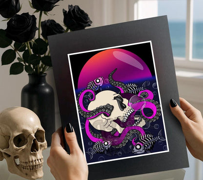 Neon Skull Octopus Art Print – Gothic Deep Sea Horror Wall Art with Tentacles & Skeleton Fish