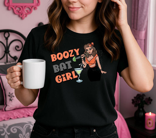 Boozy Bat Girl PNG – Retro Halloween T-Shirt Art, Cocktail Goth Sublimation Design, Digital Download File