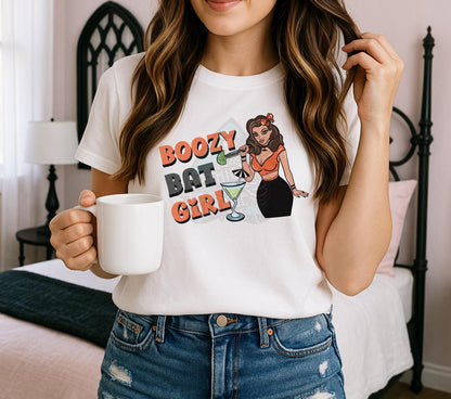 Boozy Bat Girl PNG – Retro Halloween T-Shirt Art, Cocktail Goth Sublimation Design, Digital Download File