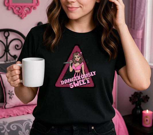 Dangerously Sweet PNG – Gothic Pin-Up Knife Girl Sublimation T-Shirt Design, Pink Retro Horror Clipart for Apparel, Digital Download