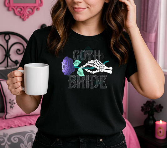 Goth Bride PNG – Gothic Wedding T-Shirt Design, Skeleton Hand Clipart, Purple Rose Digital Art File