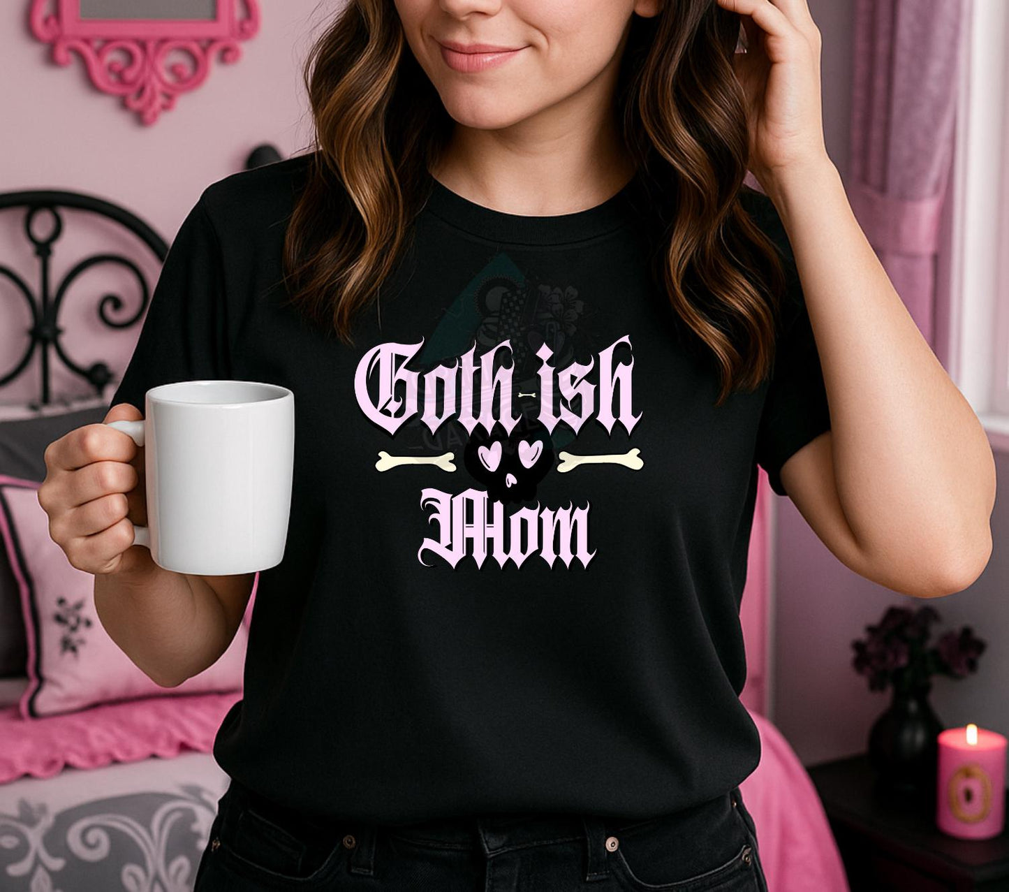 Goth-ish Mom PNG – Cute Pastel Goth Skull Sublimation Design for T-Shirts, Funny Alt Mom Digital Download, Pink Gothic Clipart for Apparel