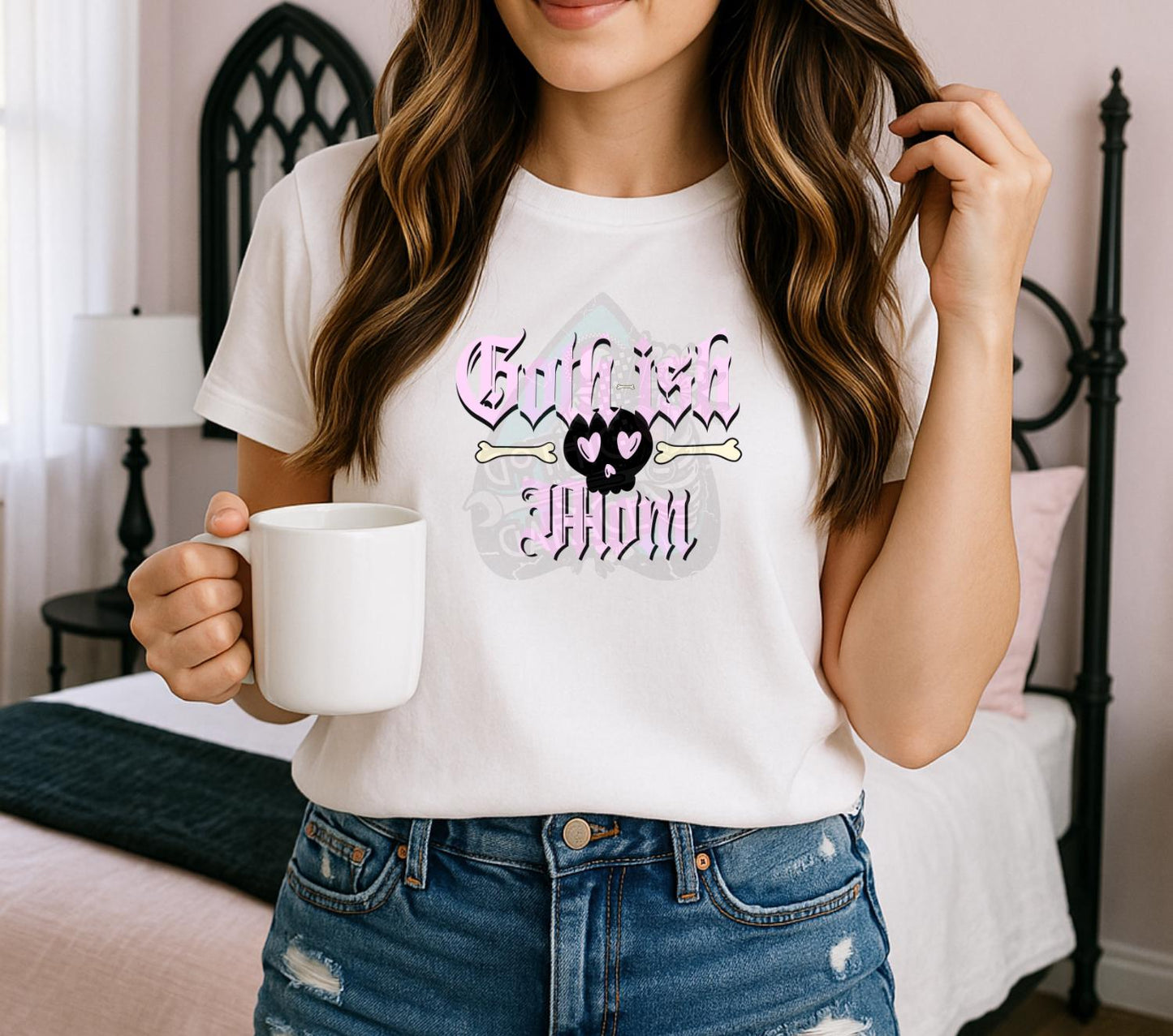 Goth-ish Mom PNG – Cute Pastel Goth Skull Sublimation Design for T-Shirts, Funny Alt Mom Digital Download, Pink Gothic Clipart for Apparel