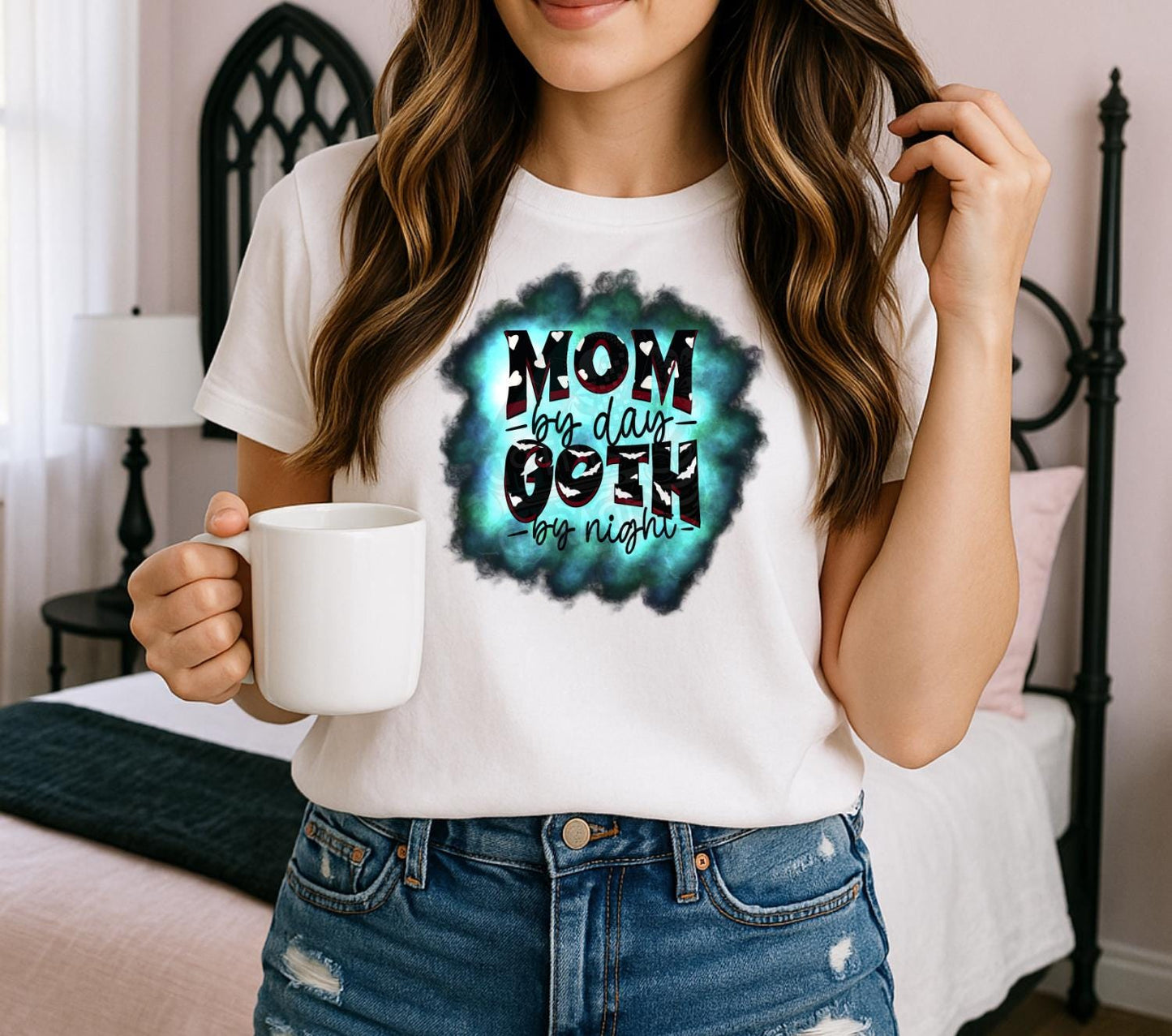 Mom by Day Goth by Night PNG – Funny Gothic Sublimation Design for T-Shirts, Bat & Heart Goth Mom Digital Download for Apparel