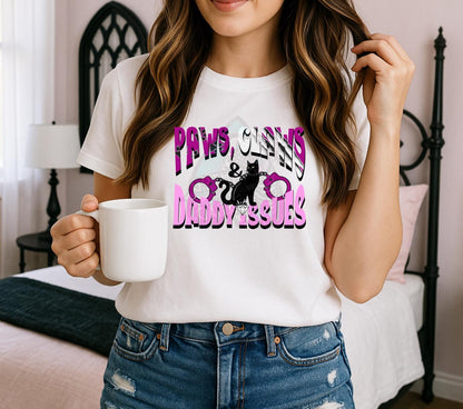 Paws Claws & Daddy Issues PNG – Funny Alt Cat Girl Sublimation Design, Pink Goth Kitty Handcuff T-Shirt Graphic, Digital Download