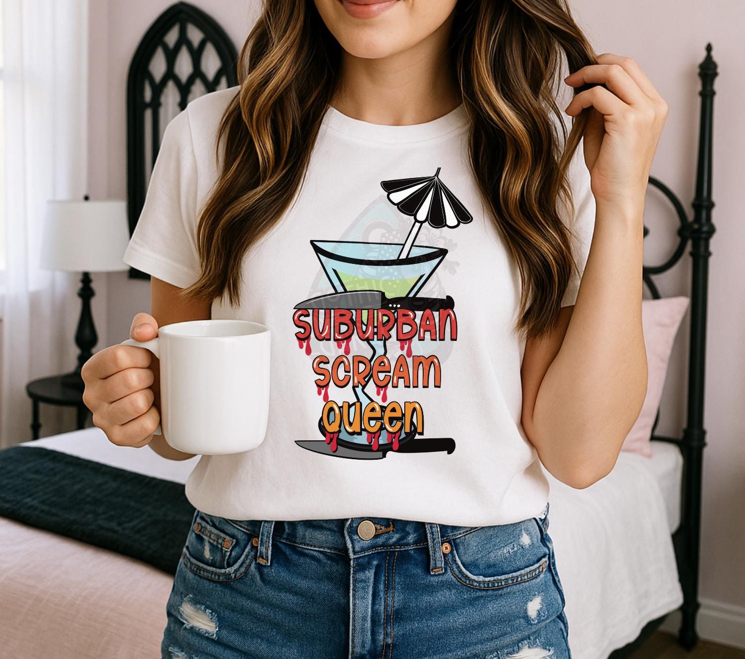 Suburban Scream Queen PNG – Horror T-Shirt Design, Bloody Cocktail Knife Sublimation File, Halloween Instant Download