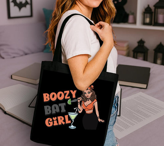 Boozy Bat Girl Tote Bag, Gothic Cocktail Lover Gift, Black Canvas Party Tote