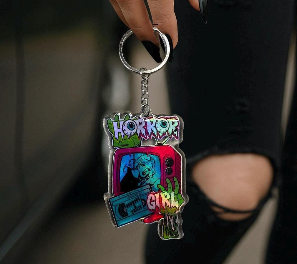Horror Girl Keychain – Holographic Resin Acrylic Key Ring for Spooky Bags & Horror Fans