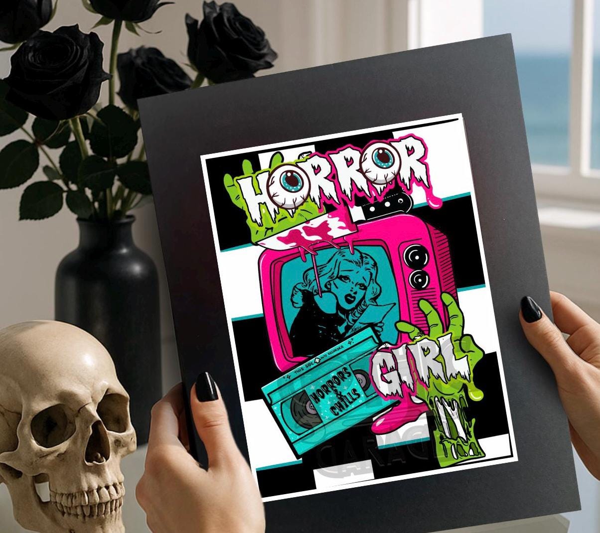 Horror Girl Art Print – Retro Slasher Girl Pop Art with VHS, TV & Zombie Hand | Gothic Wall Decor