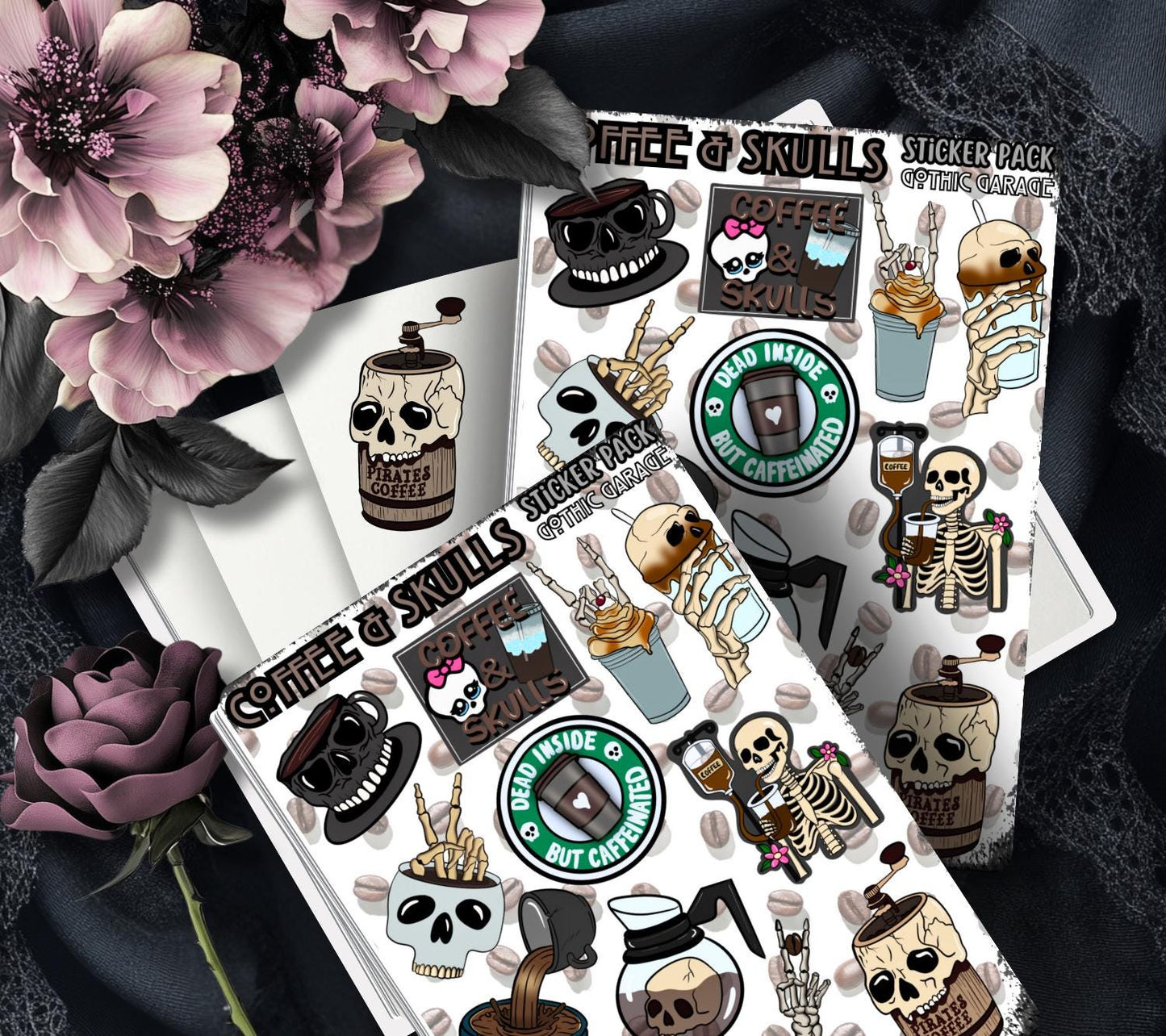 Coffee & Skulls – Gothic Sticker Sheet Coffee Skeletons– Perfect for Coffee Lovers