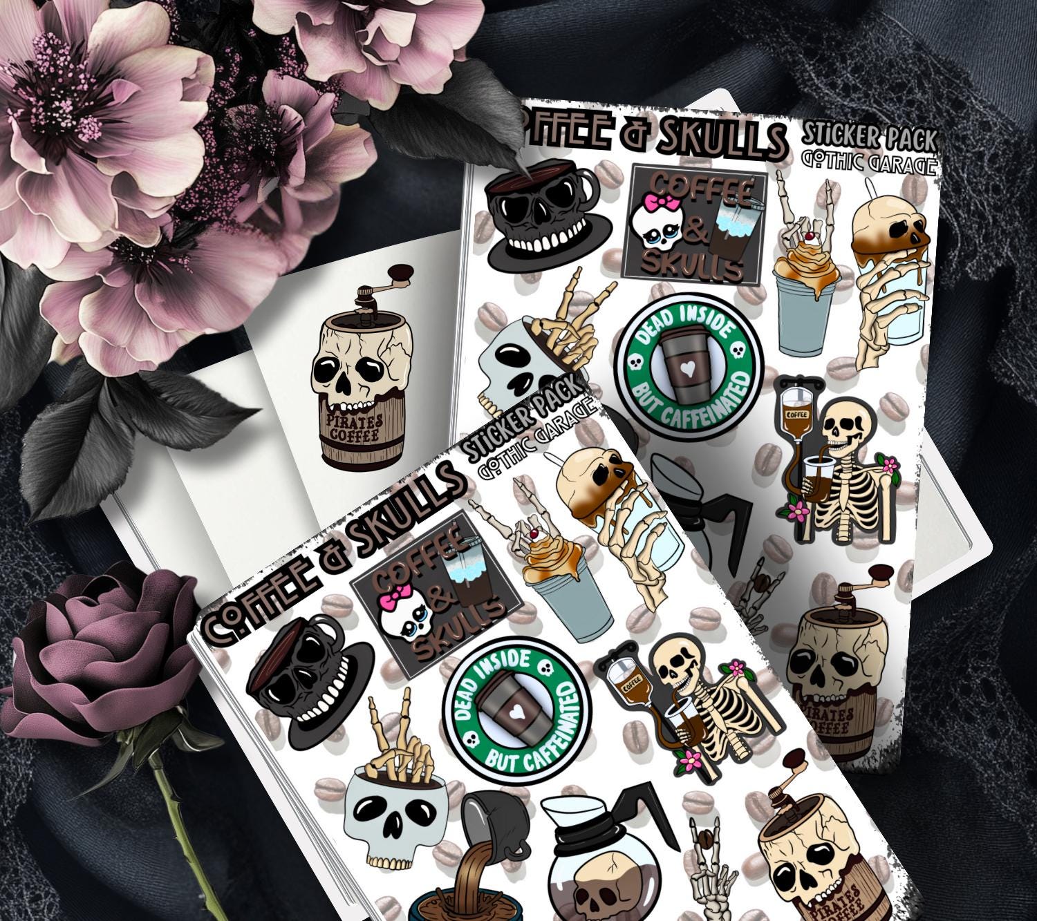 Coffee & Skulls – Gothic Sticker Sheet Coffee Skeletons– Perfect for Coffee Lovers