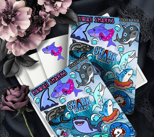 Gothic Kawaii Sharks Sticker Sheets for Collecting and Scrapbooking - High-Quality, Vibrant Designs, Perfect Budget Friendly Gifts
