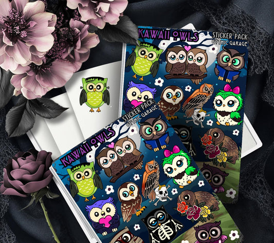 Gothic Kawaii Owls Sticker Sheets for Collecting and Scrapbooking - High-Quality, Vibrant Designs, Perfect Budget Friendly Gifts