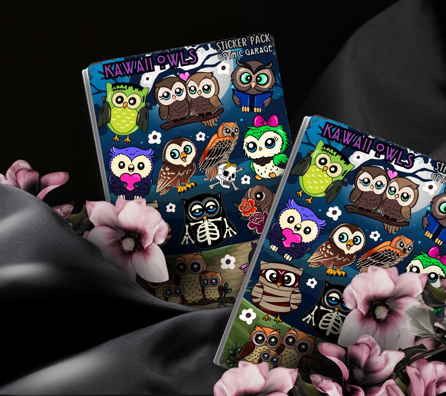 Gothic Kawaii Owls Sticker Sheets for Collecting and Scrapbooking - High-Quality, Vibrant Designs, Perfect Budget Friendly Gifts